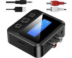 Bluetooth 5.3 Receiver Transmitter, draadloze audio-adapter, 2-in-1 Bluetooth zender met bypass Low Latency On/Off Switch Display 3,5 mm AUX Optical RCA voor TV Stereo