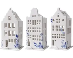 Waxinelichthouder - Delfts blauw - set van 3 - Grachtenhuisjes groot - 17 cm hoog - Heinen Delfts blauw - Hollands cadeautje - Holland souvenir