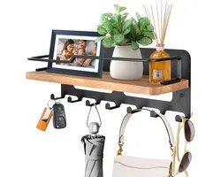 JiangLin Wooden Key Rack with Shelf, Decorative Key Holder, Wall Rack with 7 Key Hooks, Wooden Wall Rack for Key Rack, Organizer for Entrance, Hallway, Bedroom, Living Room (Black)