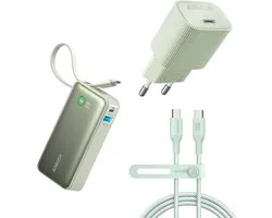 Anker BIO bundel - Anker Nano powerbank-10.000 met ingebouwde USB-C kabel 30W + Anker Nano - USB-C-stekker - 30 W +Anker 544 USB-C naar USB-C Duurzame Kabel Bio-Nylon 140W 1.8M