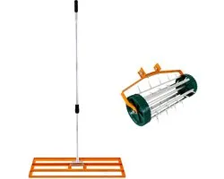 2-in-1 verticuteer- en gazonvlakker set - oranje - 100cm - spikes