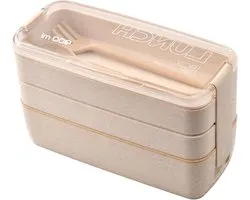 Reusable Lunch Box with Cutlery - Meal Prep Bento Box - 3 Compartments Stackable Food Storage - Leakproof - Portable for Adults and Kids