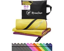 NirvanaShape - microvezel handdoek - strandlaken en badlaken - sneldrogend en absorberend - sporthanddoek met slimme hoekzak - set van 2: 120 x 60 cm + 60 x 40 cm - Geel / Paarse Rand