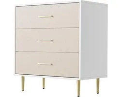 Aptliton 3-Drawer Bedside Table, Wooden Linen-Texture Finish, Gold Handles, Metal Legs, Bedroom or Living Room, White