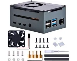 Aluminium Behuizing met 40mm Ventilator en 4 Koellichamen voor Raspberry Pi 4, POE HAT Case 8/4/2GB Officiële POE+ Hoed