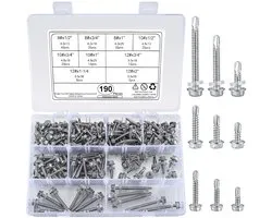 wugongshan 190 stuks Zelftappende schroeven, boorschroeven met sluitring, assortiment kit, zelfborende schroeven met zeskantige sluitringkop, carrosserie, plaatschroeven