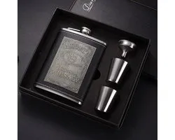 Jack Daniels Whiskey Argent en acier inoxydable Flasque Gift Set - Finch Flat - Pocket Flask - Bouteille de poche - boisson bouteille - bouteille de boissons Flasque - Incl. Entonnoir et tasses