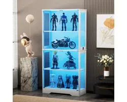 Pugsdrly Vitrinekast van gehard glas met bewegingssensorverlichting 3CCT, vitrinekast met 4 niveaus voor verzamelobjecten, opbergrek met glazen deuren, boekenkast, vitrinekast, wit