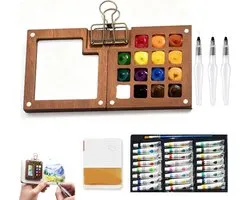 Mini Aquarelverfset Voor Reizen - Draagbaar Palet Met 15 Roosters - Mini Houten Palet Box - Pocket Aquarel Set - Pocket Reizen Verf Tray Doos - Met Metalen Clip, 24 Kleuren Waterverf, 3 Waterverfpenselen En Een Waterverfschetsboek