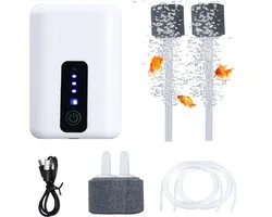 Pompe à Oxygène Portable Set - Pompe à Air Aquarium 4-en-1 avec Charge USB - Aérateur Silencieux Submersible pour Aquarium, Transport de Poissons, Chambre à Coucher - 20-40dB Ultra Silencieux - Blanc/Noir