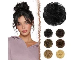 Chignon Postiche Cheveux Naturels Extension - 100% Cheveux Humains Bouclés Ondulés Chignon Remonté Donut Postiche Extensions de Queue de Cheval pour Femmes, Noir