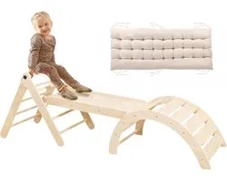 Set de Mini Portique d'escalade Buxibo – Triangle d'escalade, arche d'escalade avec coussin et rampe d'escalade avec toboggan – Aire de jeux Montessori – 176 x 47 x 82 cm – Naturel