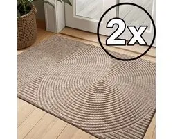 2x - Antislip Deurmat met Geometrisch Streepdesign – Khaki– Polyester - Japandi stijl– 75cm x 45cm - Rubberen Onderkant – Gemakkelijk Schoon te Maken – Ideaal voor Entree, Veranda of Garage - 75cm x 45cm
