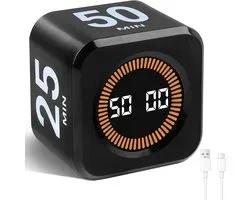 Kubus Visuele Timer, Rotatie Pomodoro Timer, 5/10/25/50 Minuten & Custom Countdown, Aanpasbare Tijdopslag, Mute & Ring Mode, USB C Oplaadbaar, voor Keuken, Vergaderingen, Bureau, Studie - zwart