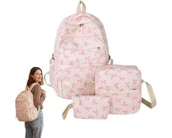 KZQ Bow Backpack - Cute Kawaii Backpack Set Aesthetic Daypack Coquette Rucksack (White pink)