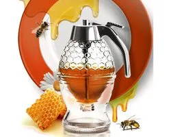 Distributeur de miel - Distributeur de sirop - TENZHVXI® - 200 ml - Base et couvercle en acier inoxydable - 15 * 10 * 8,3 cm - Portable - Transparent avec motif nid d'abeille - Anti-goutte - Transparent/argent
