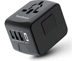 TravelHawk Universele Wereldstekker met USB-C en 3 USB poorten - Reisstekker - Usb stekker - Internationale Reisstekker voor 150+ landen - Amerika (USA) - Engeland (UK) - Australië - Azië - Zuid Amerika - Afrika - Wereldstekkers - Zwart