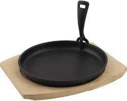Poêle à griller en fonte avec sous-plat en bambou