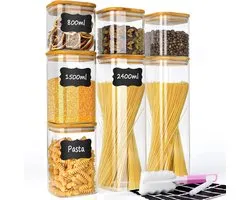Storage jars with lid, 7 pieces Storage jars Glass storage jars Airtight square storage jar with sticker and cleaning brush Spice jars for various spaghetti Grains Coffee Tea