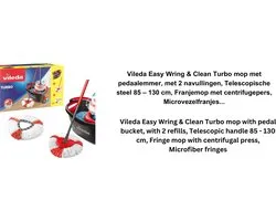 Vileda Easy Wring & Clean Turbo mop met pedaalemmer, met 2 navullingen, Telescopische steel 85 – 130 cm, Franjemop met centrifugepers, Microvezelfranjes 2in1,Mop en pedaalemmer, grijs