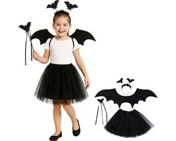 Joyakids® | Kinder Verkleedset Vleermuis | 4-delige Halloween Accessoireset Meisje | Vleugels + Tutu + Haarband + Stafje | Vleermuis Kostuum Meisjes | Vampier Bat Accessoires | Zwart