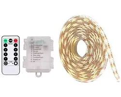 LED-lichtstrip, op batterijen, 2 meter, 60 LED's, afstandsbediening op batterijen, timer, waterdichte lichtstrip voor slaapkamer, kledingkast, huis en feestdecoraties, warm wit
