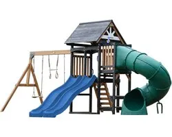 AXI Cody Aire de jeux avec balançoires, trapèze et mur d'escalade - Double toboggan bleu - Avec toboggan tubulaire - Avec banc de pique-nique - Bois 100 % FSC - Aire de jeux pour le jardin / l'extérieur