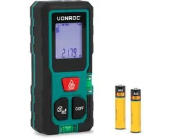 Télémètre laser VONROC – Portée de 50 mètres – Format très compact – mesure la distance, la surface, le volume, le théorème de Pythagore – Incl. fonctions de calcul pratiques – Incl. piles