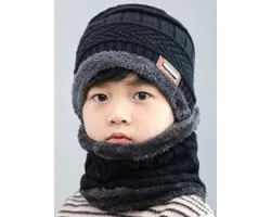 BukkitBow - Bonnet de Luxe Kinder - Bonnet 3 en 1 - Bonnet avec bonnet écharpe et Nekwaler - Bonnet tricoté Kinder - Bonnet d'hiver en laine - Cagoule / Cagoule avec cache-cou - Doublure polaire douce - Convient aux enfants jusqu'à 14 ans - Zwart