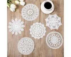 6 Pcs Lace Blankets 16cm Vintage Crochet Rugs Handmade Round Lace Rustic Table Decoration for Kitchen Dining Room Chest of Drawers Wedding Party Decoration (White)