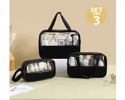 CenZ® Toilettas, Make Up Tasje, Transparant, Toilettassen, Make Up Koffer, SET van 3, Beautycase, Make Up Organizer, Make Up Tas, Reistas, Toilettas Dames, Etui, Beautycase Koffer, Cosmetica Tas, Verjaardag, Moederdag, Valentijnsdag, Cadeautje, ZWART