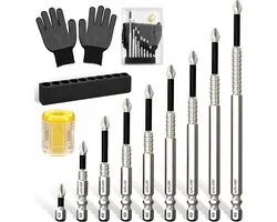 Magnetische bithouder set - 9 stuks - Anti slip Schroefbits - met magnetische ring en Handschoenen - K5 schokbestendige slijpboor -25 t/m 150 mm - Voor DIY, Reparatie & Pro Gebruik