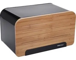 KINGHOFF - Broodtrommel - Brooddoos met Bamboe Deksel - Brood Bewaarbox Keuken - Brooddoos Modern en Stijlvol - Staal - 35 x 20 x 21.5 cm - Zwart