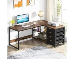 Tribesigns Bureau - L-Vormig Game Bureau met 4 Laden - 150 x 110 x 75cm - Bureau met Legplanken - Gaming Desk - Computer Tafel - Gaming Tafel - Bureau voor Gamen, Studeren en Werken - Zwart / Vintage Bruin