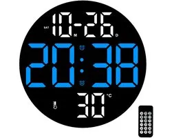 MODFU Digitale Wandklok met Alarm – Groot LED Display, Tijd & Datum, Temperatuurweergave, Stille Werking, USB-voeding, Afstandsbediening, 23x23x3.3 cm, Blauw, voor Slaapkamer & Woonkamer