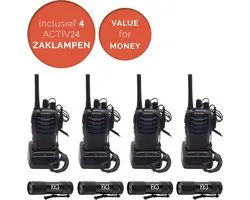 Activ24™ - Walkietalkie - Set van 4x Baofeng BF-88E PMR portofoons met headsets en 4x Activ24™ zaklampen - Vergunningsvrij - Walkie Talkie - BF88E portofoon