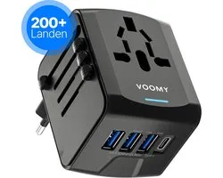 Voomy Reisstekker 200+ landen - Universele Wereldstekker - 1 USB-C & 3 USB-A - Reisadapter Wereld Engeland (UK), Amerika (USA), Australië, Zuid Amerika, Afrika, Italië, Thailand - zwart