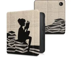kwmobile e-reader hoesje geschikt voor Kobo Libra 2 hoes - E reader flip case met magnetische sluiting - Ereader cover - Meisje met boeken design in zwart / beige