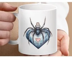 Mok Spider Heart Mug, Gothic Valentines Gift, Arachnid Lovers Mug, Unique Coffee Mug, Dark Humor Mug, Spooky Gift, Insect Art Mug