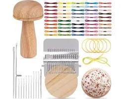 Mini Stopweefgetouw - Paddestoel Gebreide Patch Kit - Draagbare Darning Loom - Complete Weefset met 50 Kleuren Garen - 9 Grote Oognaalden & Accessoires - Geschikt voor Reparatie van Jeans, Sokken & Kleding - Eenvoudig DIY Weven - Stopnaald Weefgetouw