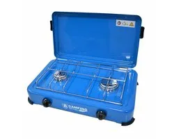 B-Camping kookpit/kookstel - 2-pits - blauw - metaal - 47 x 34 x 10 cm - voor gasflessen - gasfornuis