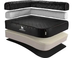 Panier orthopédique d'angle pour chien Knuffelwuff Winslow en cuir synthétique matelassé au laser XL 100 x 70 cm accoudoir gauche noir