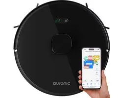 Auronic Robot Aspirateur - Avec Fonction Laver - Application Personnelle - Station de Recharge - Animaux domestiques - Navigation Laser - Zwart