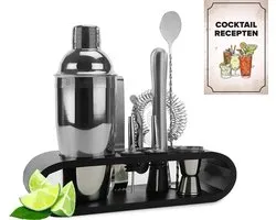 KitchenBrothers Cocktail Set - 11 delig - Inclusief Cocktail Shaker (750ml) - Compleet voor Cocktailbar - Zwart/Bamboe - Cocktailset - BPA-Vrij - Met Receptenboekje - Cadeauverpakking