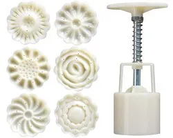 Ensemble de Moule Gâteau de Lune – Moule à Empreinte Manuelle 50g avec 6 Tampons Interchangeables, Forme de Cuisson DIY pour Festival de la Mi-Automne et Desserts Festifs