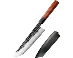 Couteau de Chef Sakimaru Professionnel en Acier Japonais Aus10 - 20 CM - Martelé & Finition Noire Unique - Extrêmement Tranchant - Manche en Bois d'Ébène & Mkuruti - Incl. Fourreau en Bois - Emballage Cadeau Luxe - KAAMUT®