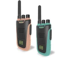 KIDYWOLF KIDYTALK Walkietalkies voor Kinderen - Set van 2 - Bereik tot 6 km - Oplaadbaar - Zaklamp & Verlicht Display - Nude & Cyan - 5+