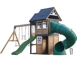 AXI Noud Aire de jeux avec cabane, balançoires, trapèze, mur d'escalade – Avec banc – Toboggan vert – Avec toboggan tubulaire – Bois FSC 100 % – Aire de jeux pour le jardin / l'extérieur