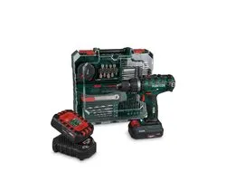 Parkside- Parkside Accu Boorschroefmachineset 20V - Toerental: 0-400 min-¹ (1e versnelling) | 0-1400 min-¹ (2e versnelling) - Draaimoment: 40 Nm - Boordiameter: max. 30 mm (hout) | 13 mm (staal) - Inclusief: 2 accu's, 1 oplader en 73-delige toebehore