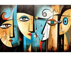 John Joseb Art (Aluminium) 120x80 | Gezichten vrouwen, abstract, Picasso, Joan Miro, kubisme, kunst | bruin, blauw, rood, zwart, modern | foto-schilderij op dibond, metaal wanddecoratie